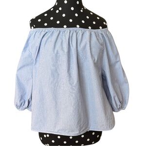Anthropologie Maeve Off-Shoulder Peasant Bardot Blouse Blue Stripe Cotton Small